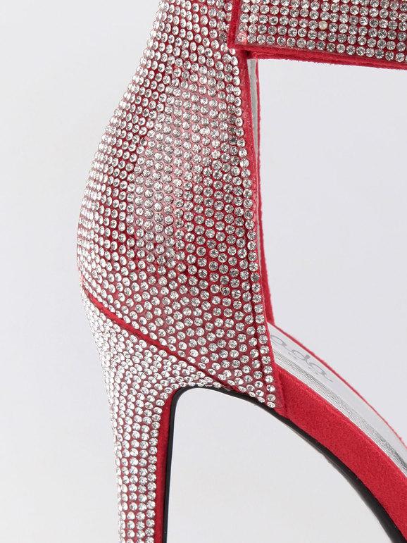 Open sandals with heel and rhinestones  red