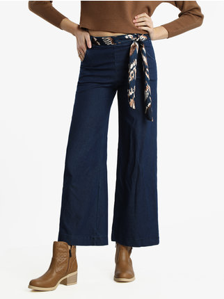 Pantaloni donna in cotone a gamba larga effetto jeans