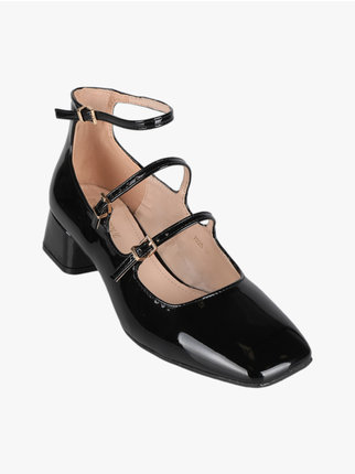 Patent leather pumps with straps for women