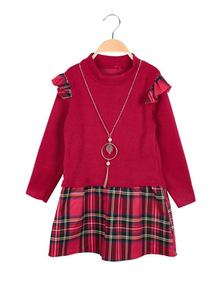 Plaid baby girl dress with necklace