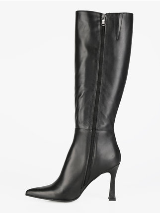 Pointed toe leather boots with heels