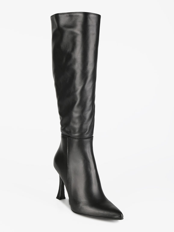 Pointed toe leather boots with heels