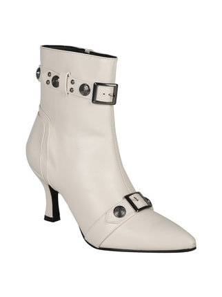 Pointed women's ankle boots with straps and studs