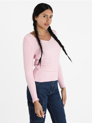 Pullover donna in maglia a costine scollo V