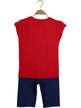 Red t-shirt with writing + blue bermuda 2-piece suit
