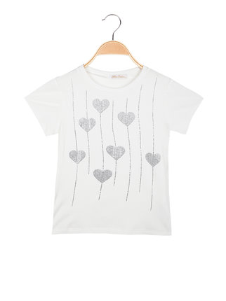 Ribbed girl's T-shirt with sparkling rhinestones