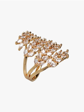 Ring with leaves and rhinestones for women