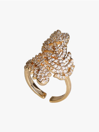 Ring with leaves and rhinestones for women