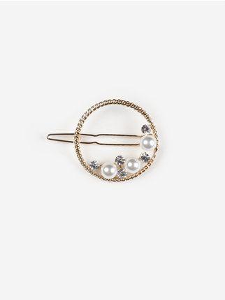 Round hair clip with pearls and rhinestones