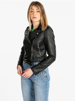 Short faux leather jacket with belt
