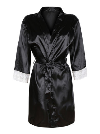 Silk-like dressing gown with lace