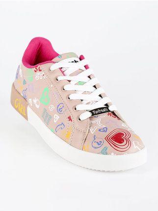 Sneakers basse donna in ecopelle con stampa disegni