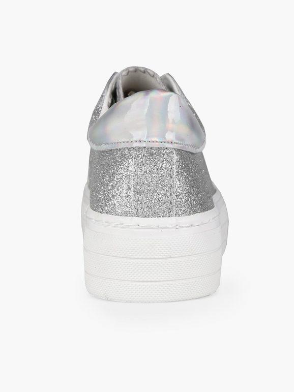 Sneakers glitte argento con platform