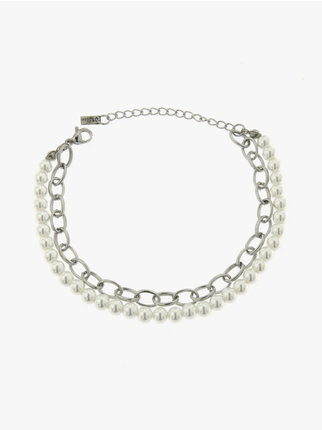 Steel bracelet with chain and pearls for women
