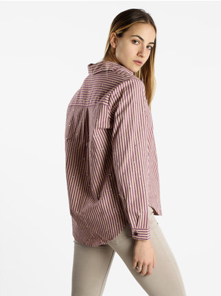 Striped women's shirt with applied rhinestones