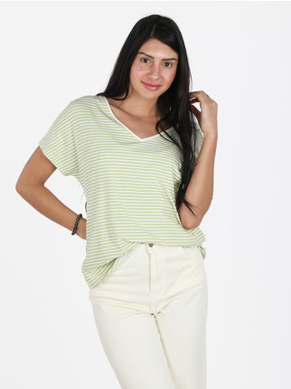 Striped women's T-shirt with V-neck