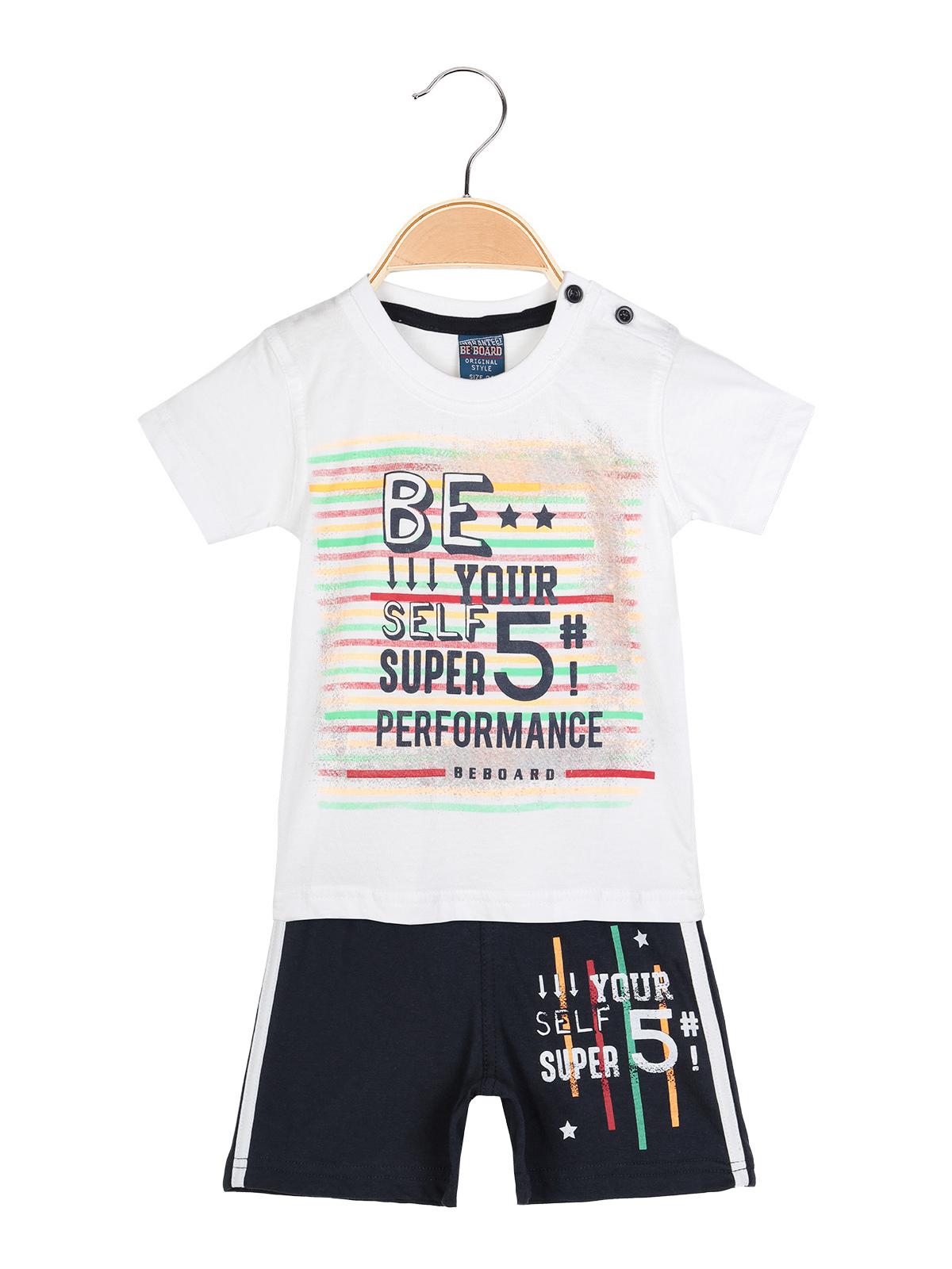BE BOARD T-Shirt Bianca con sritte Bermuda Neri Completo 2 Pezzi Bambino Cotone 