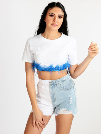 T-shirt cropped donna con piume
