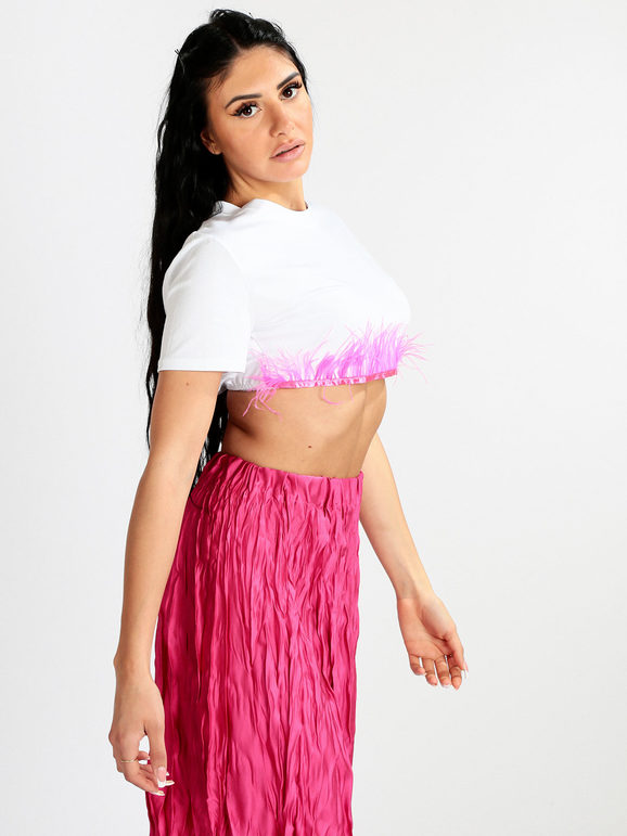 T-shirt cropped donna con piume