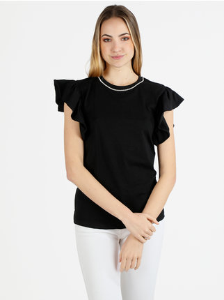 T-shirt femme avec applications de strass et manches volantées