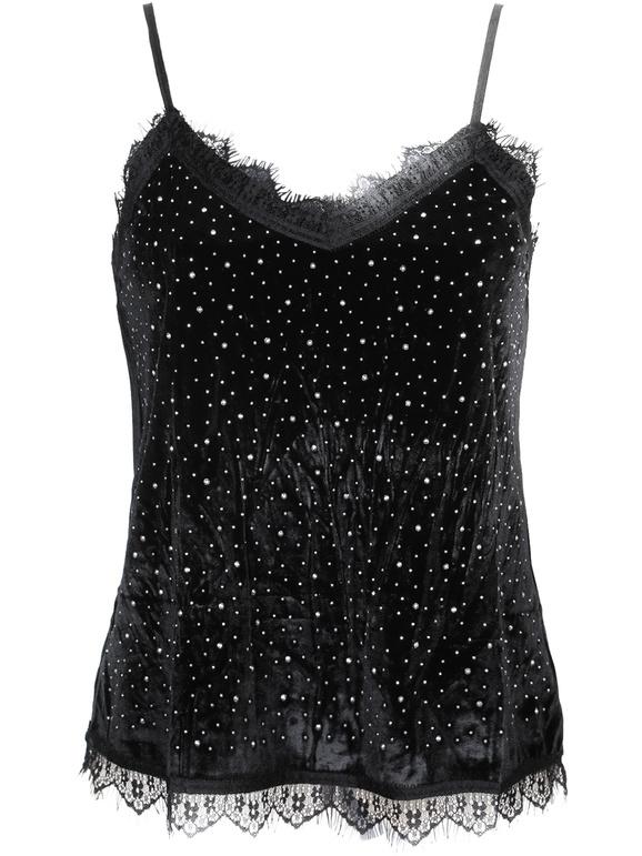 Velvet top with lace and rhinestones
