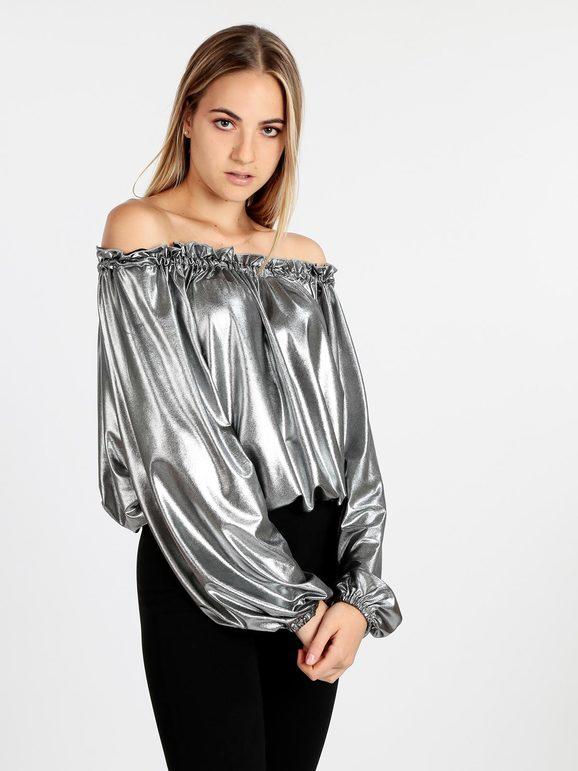 Woman blouse in lamé with balloon sleeves