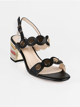 Woman sandals with multicolor heel and golden buttons