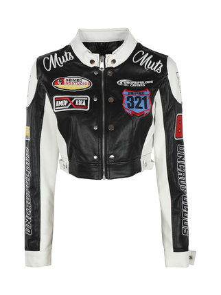 Women's biker jacket with patches and prints