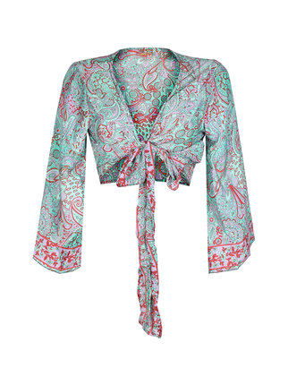 Women's blouse with silk blend print with knot