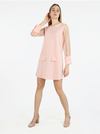 Women's crew neck dress with tulle sleeves