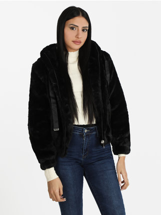 Women's cropped faux fur jacket with hood