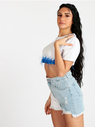 Women's cropped t-shirt with feathers