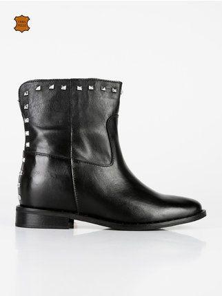 Women's genuine leather ankle boots with studs