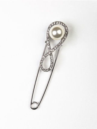Women's infinity brooch with rhinestones and pearl