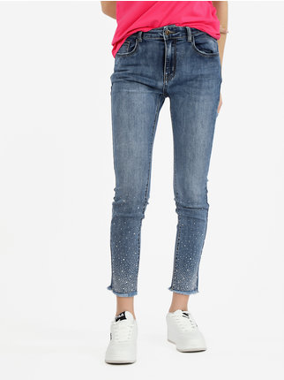 Women's jeans with fringed ends and rhinestones