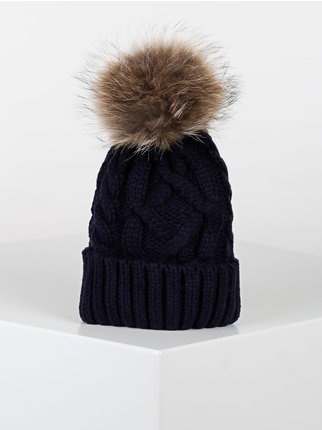 Women's knitted hat with fur pom pom