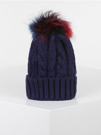 Women's knitted hat with fur pompom
