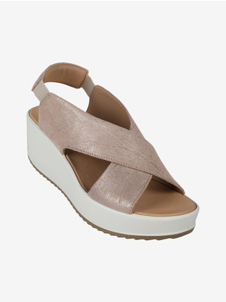 Women's leather sandals with wedge and elastic strap