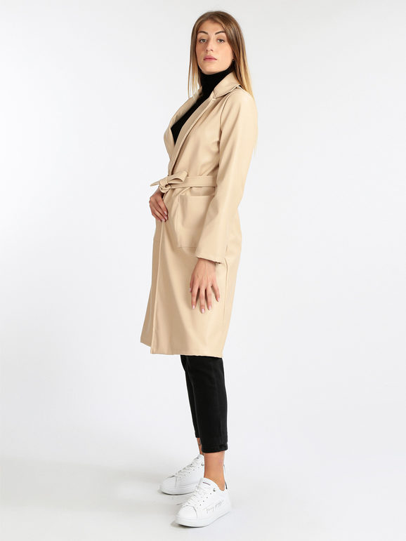 Women's long trench coat in faux leather