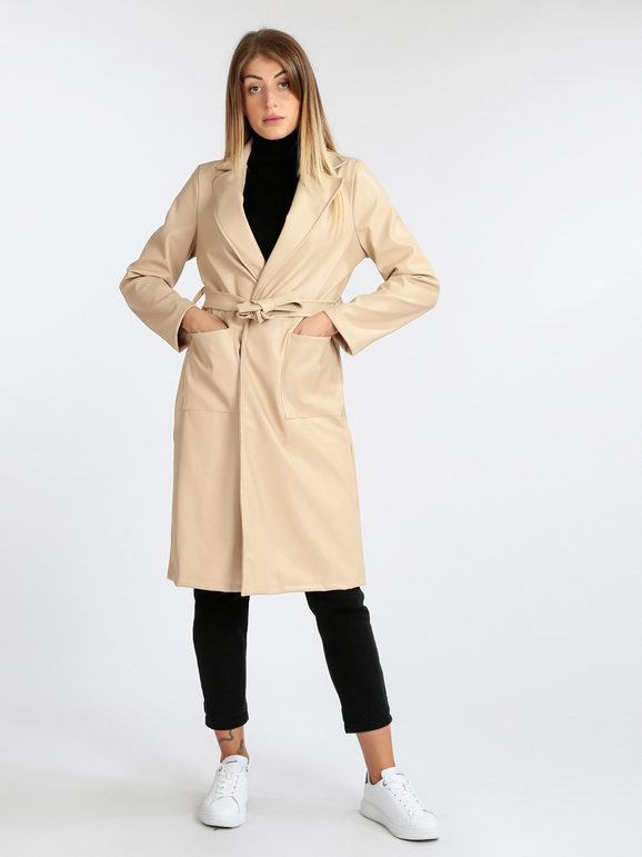 Women's long trench coat in faux leather