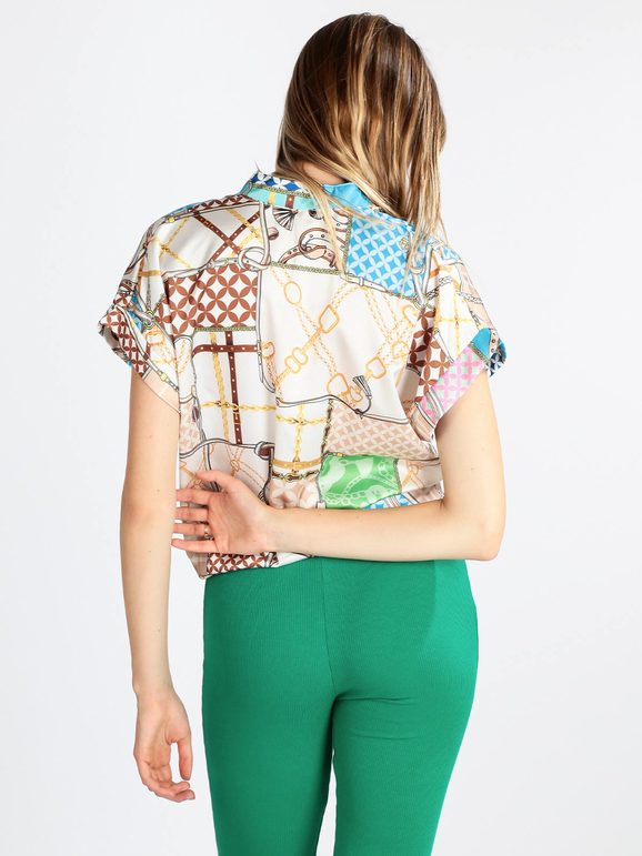 Women's mandarin collar blouse with prints