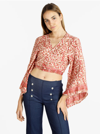 Women's patterned blouse in silk blend with knot