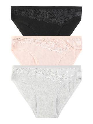 Women's ribbed briefs with lace. Pack of 3 pairs