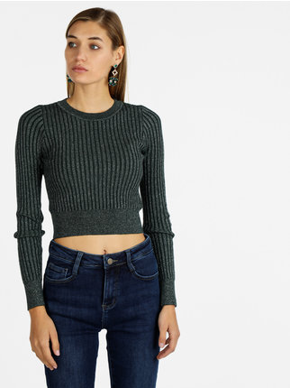 Women's ribbed cropped crew neck sweater