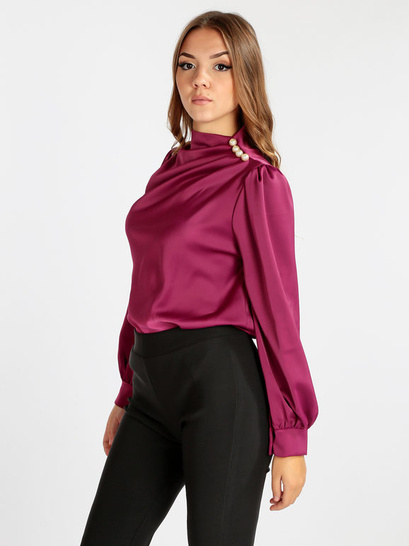 Women's satin blouse with pearl buttons