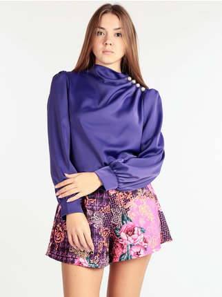 Women's satin blouse with pearl buttons