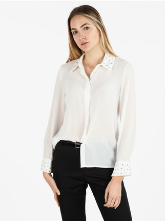 Women's shirt with rhinestones on collar and cuffs