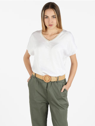Women's short-sleeved blouse with lurex V-neck