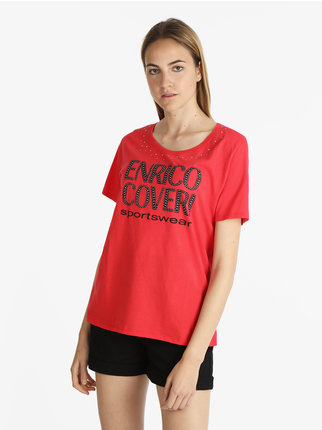 Women's short-sleeved T-shirt with lettering and rhinestones