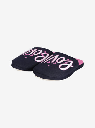 Women's slippers in fabric with writing